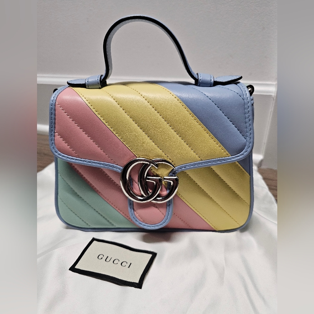GUCCI Calfskin Matelasse Mini GG Marmont Top Handle Shoulder Bag Pastel
